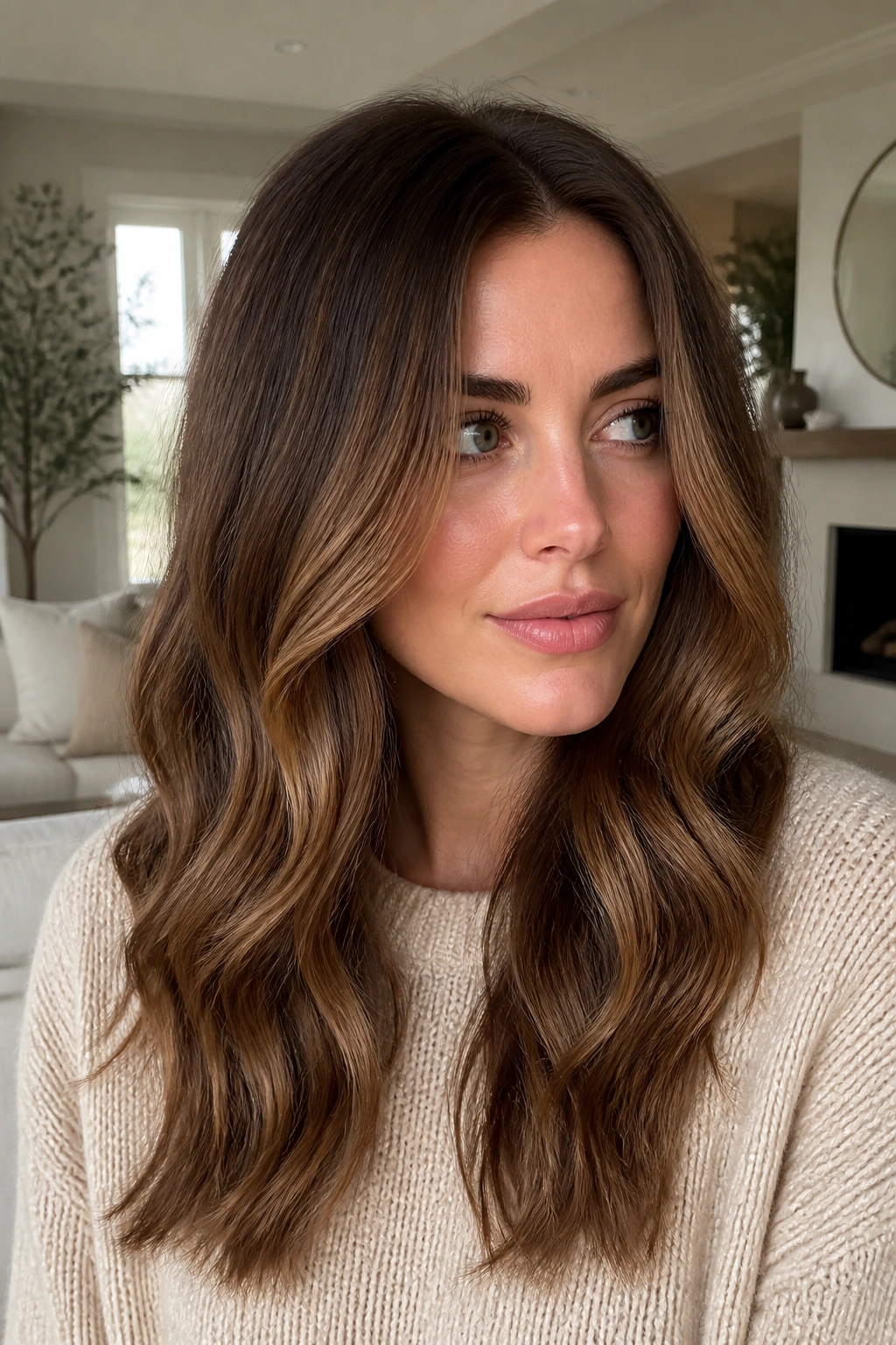 Close-up of a woman with muted auburn-brown hair and beige caramel glaze in soft daylight