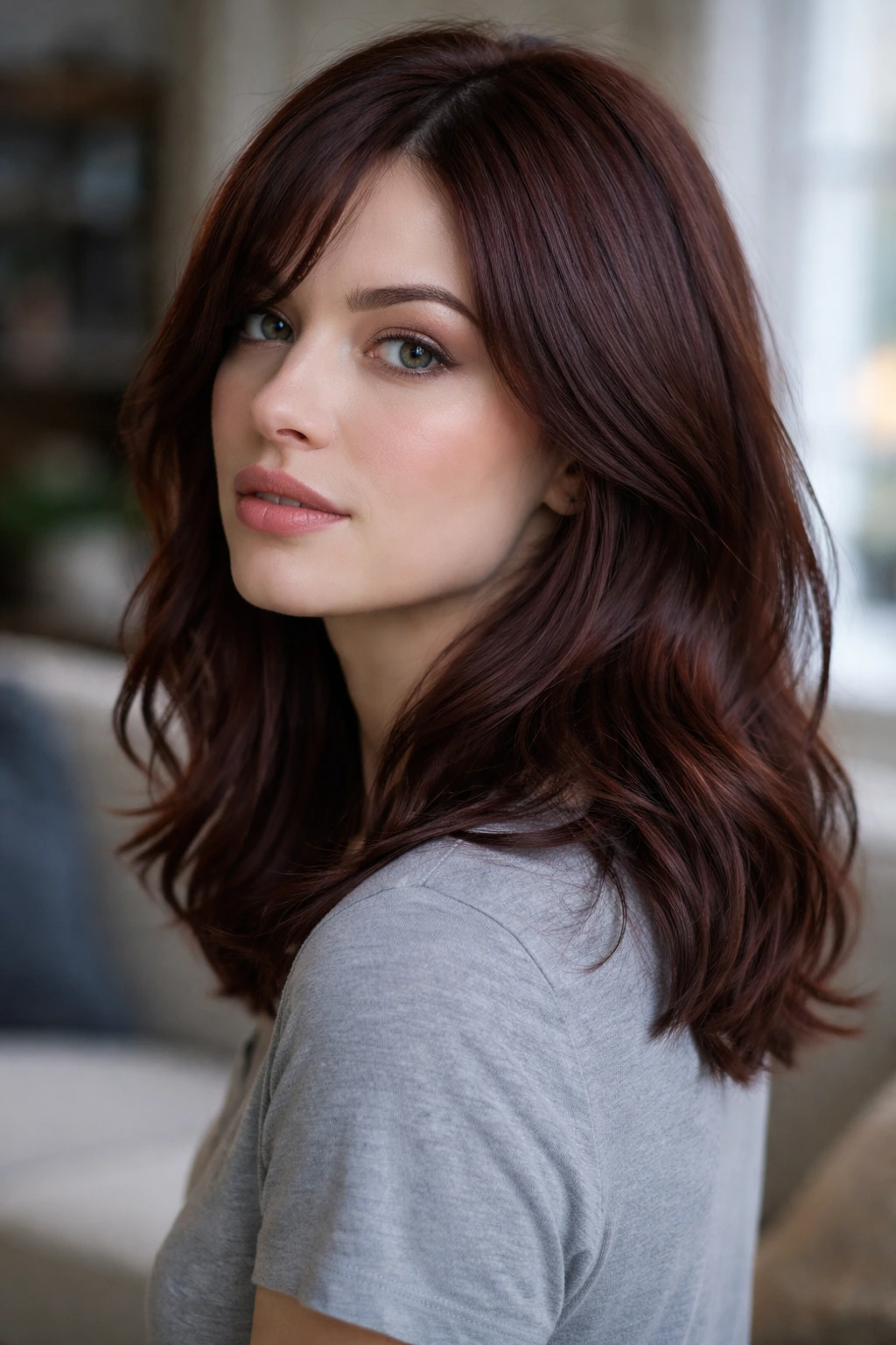 Real woman with muted auburn chestnut hair under cool lighting