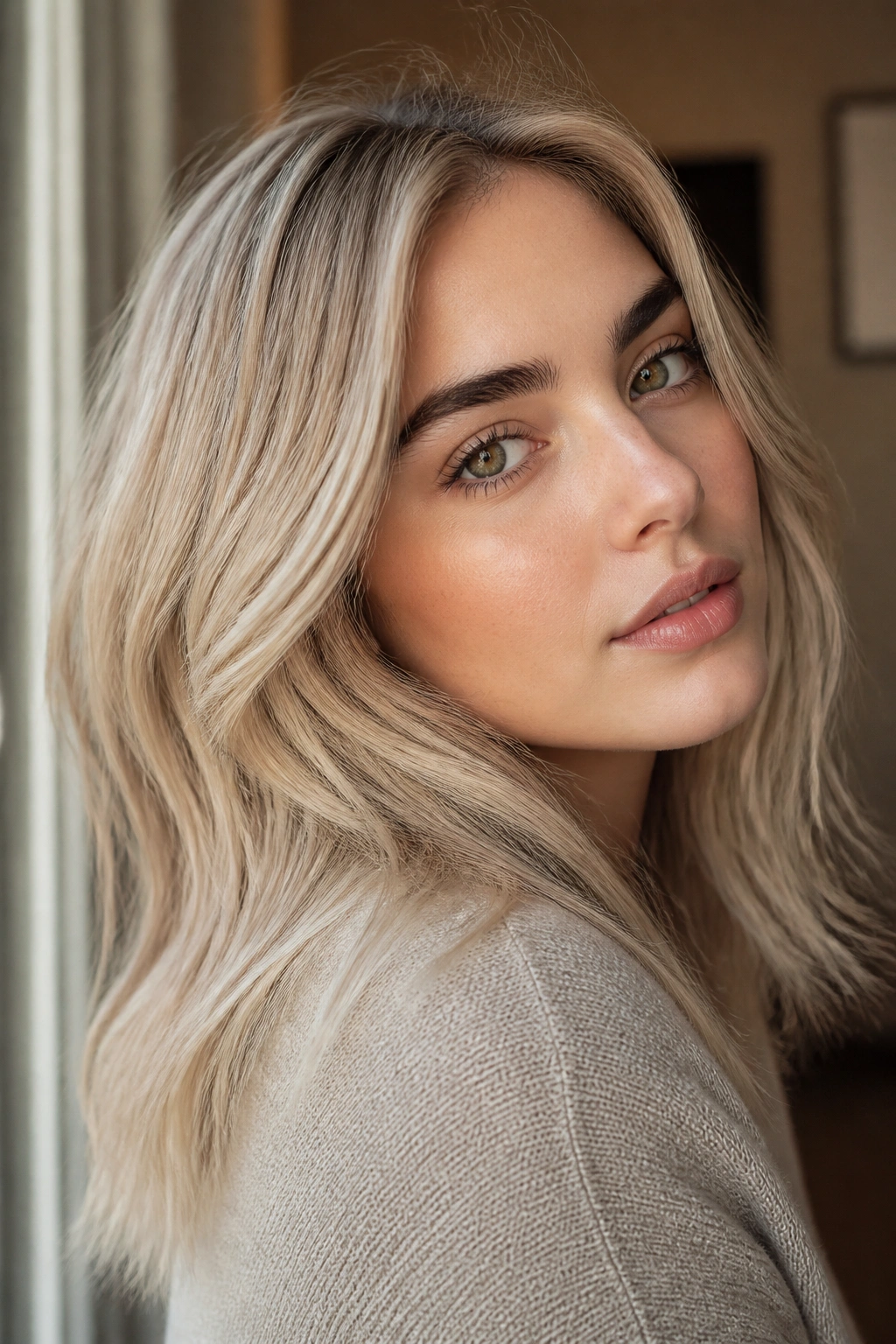 Close-up portrait of a real woman with muted champagne blonde hair and dark brows