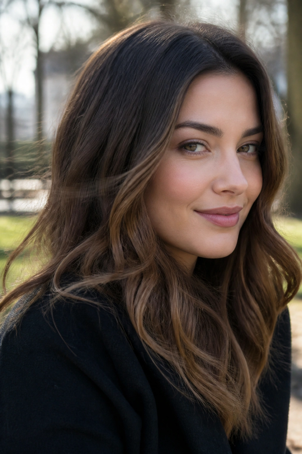 Close-up portrait of muted chestnut ombre hair outdoors
