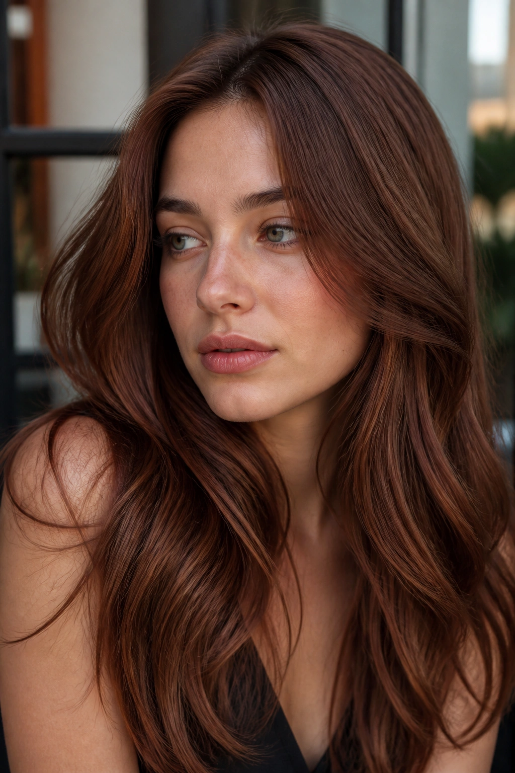 Close-up of a real person with muted copper brown hair tones
