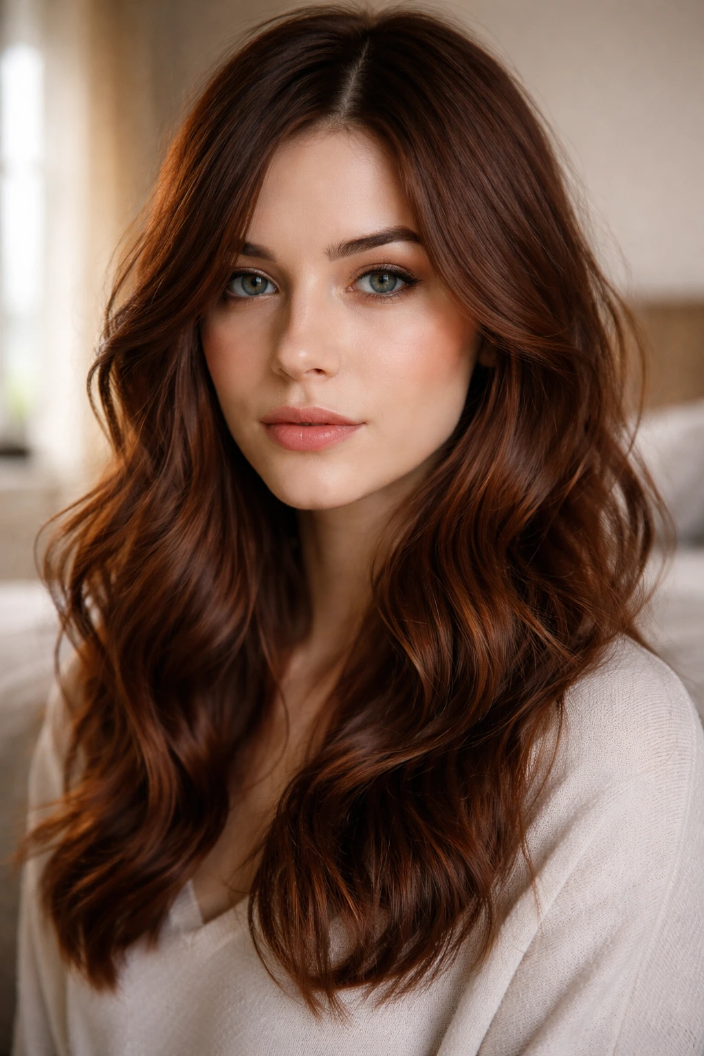 Close-up portrait of a real person with muted copper-brown hair by a window in warm light