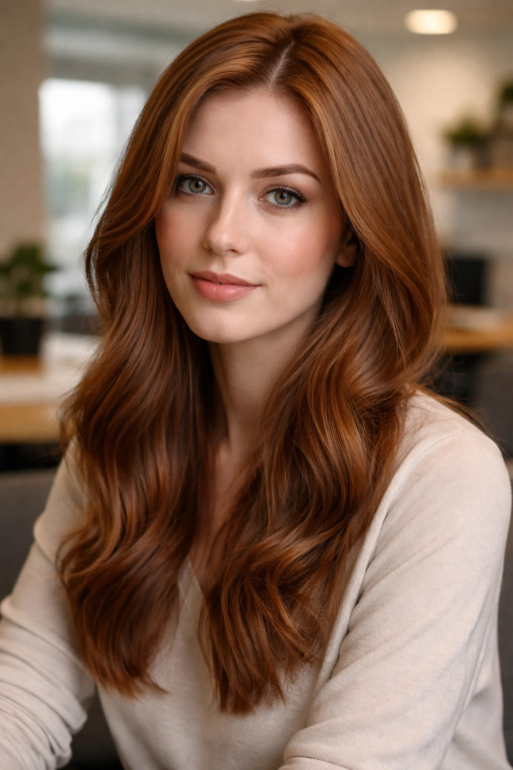 Close-up portrait of a real woman with muted copper hair under soft office lighting