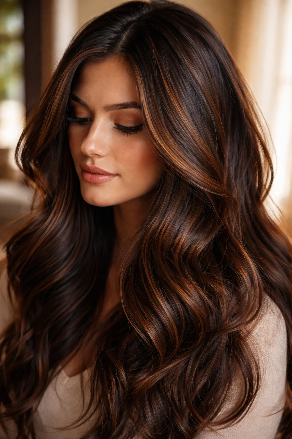 Close-up of hair with subtle copper highlights in espresso brown base