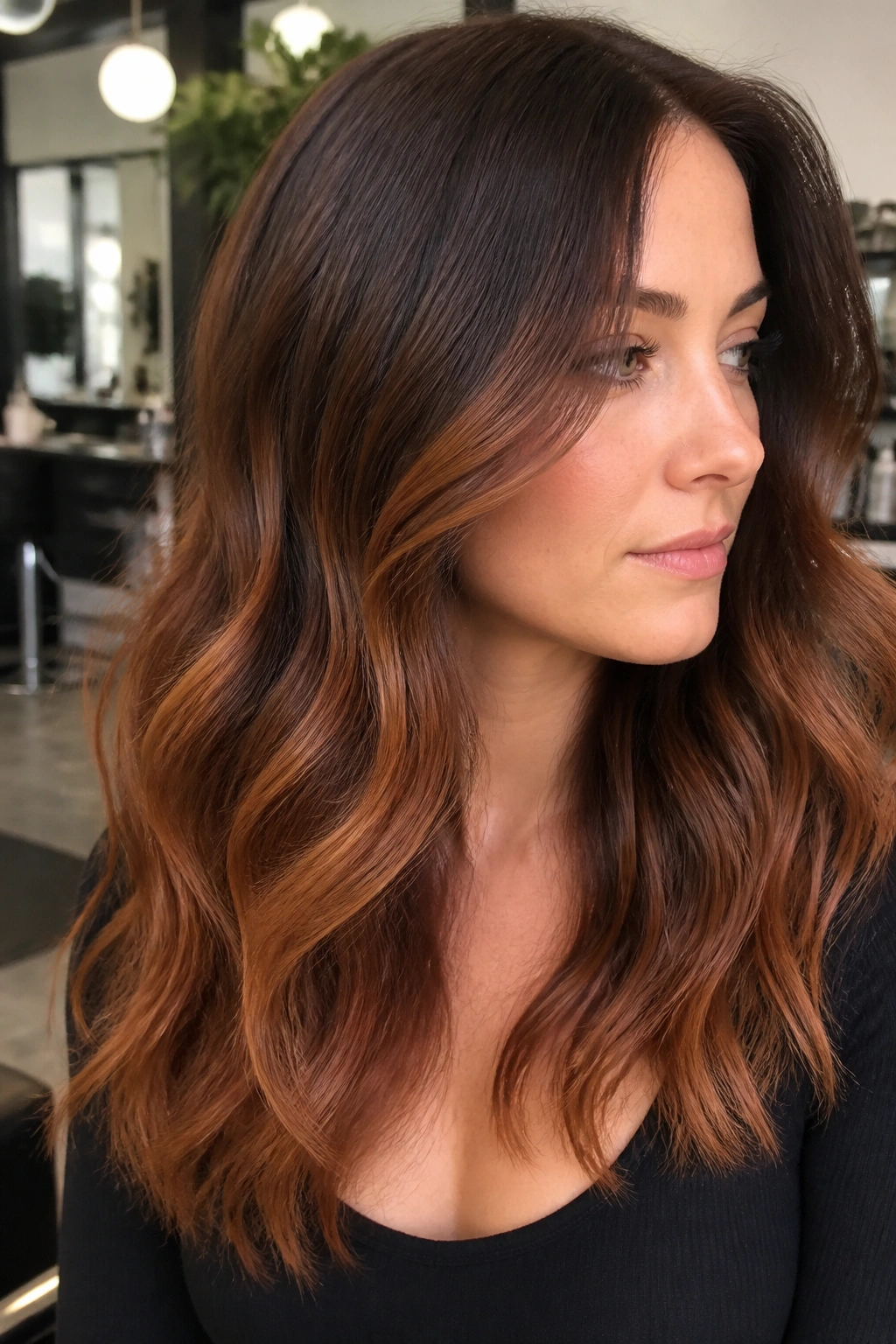 Portrait highlighting a soft copper ombré with brunette roots and gradual warm ends
