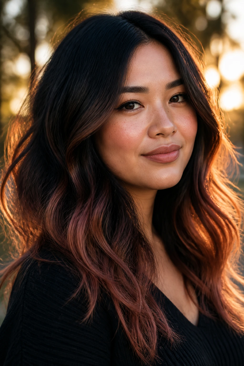 Close-up of woman with muted copper ombre on textured waves