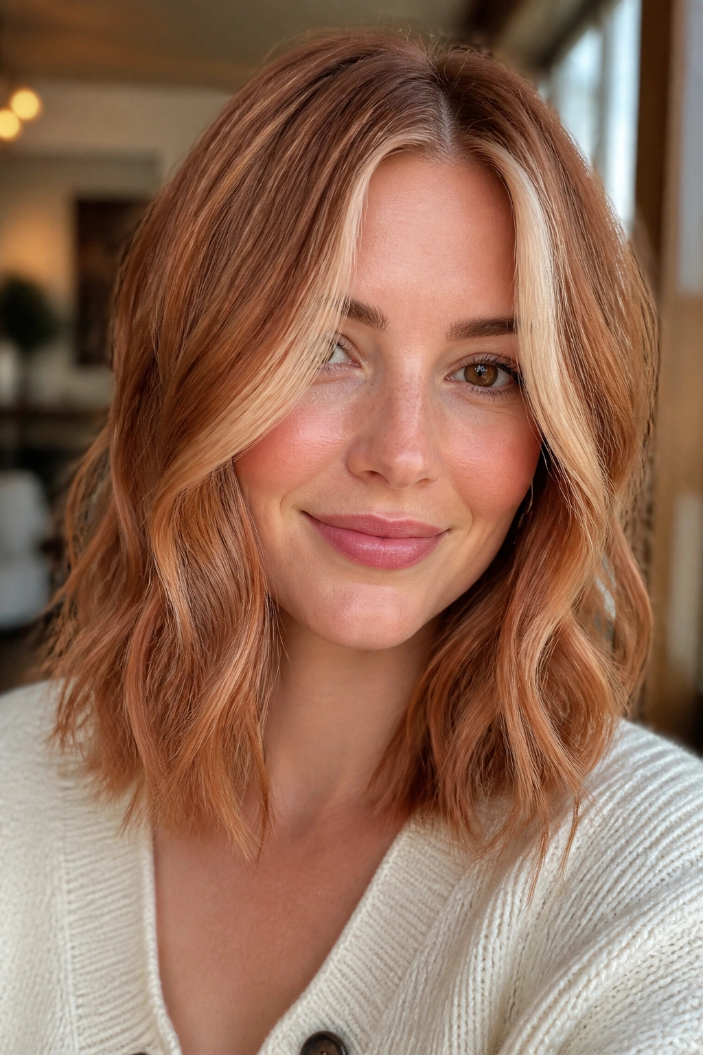 Close-up portrait of a real woman with vanilla face-frame copper hair in warm indoor light