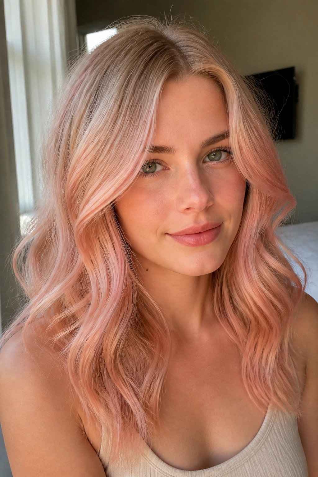 Close-up portrait of a woman with muted coral blonde hair indoors