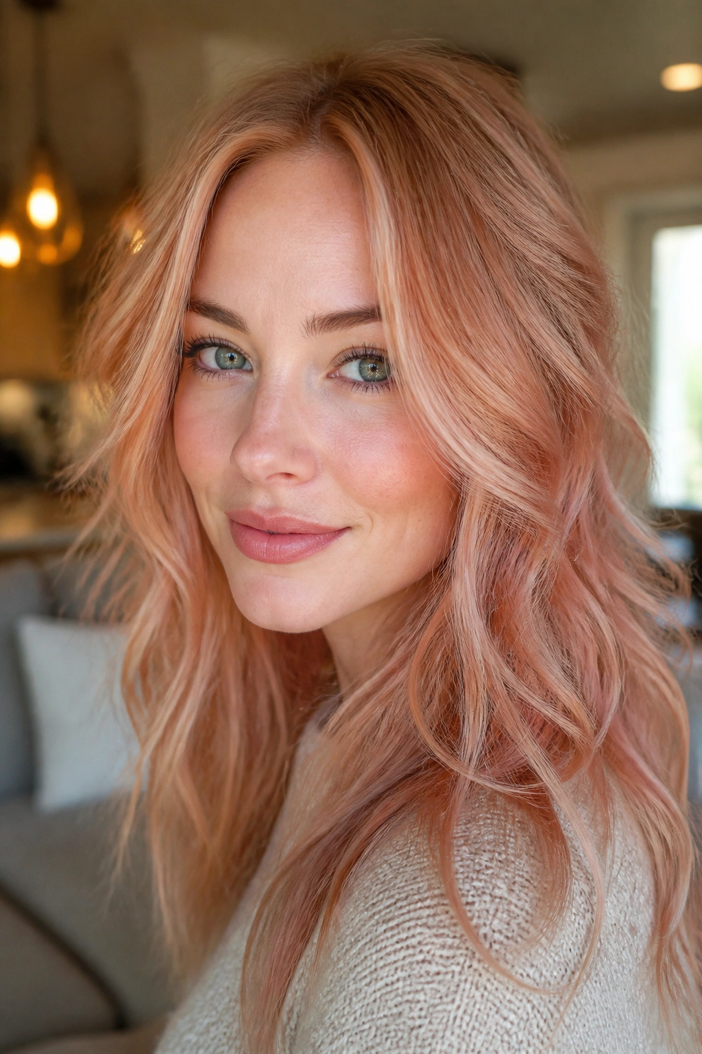Close-up portrait of a real woman with muted coral strawberry blonde on cool skin.