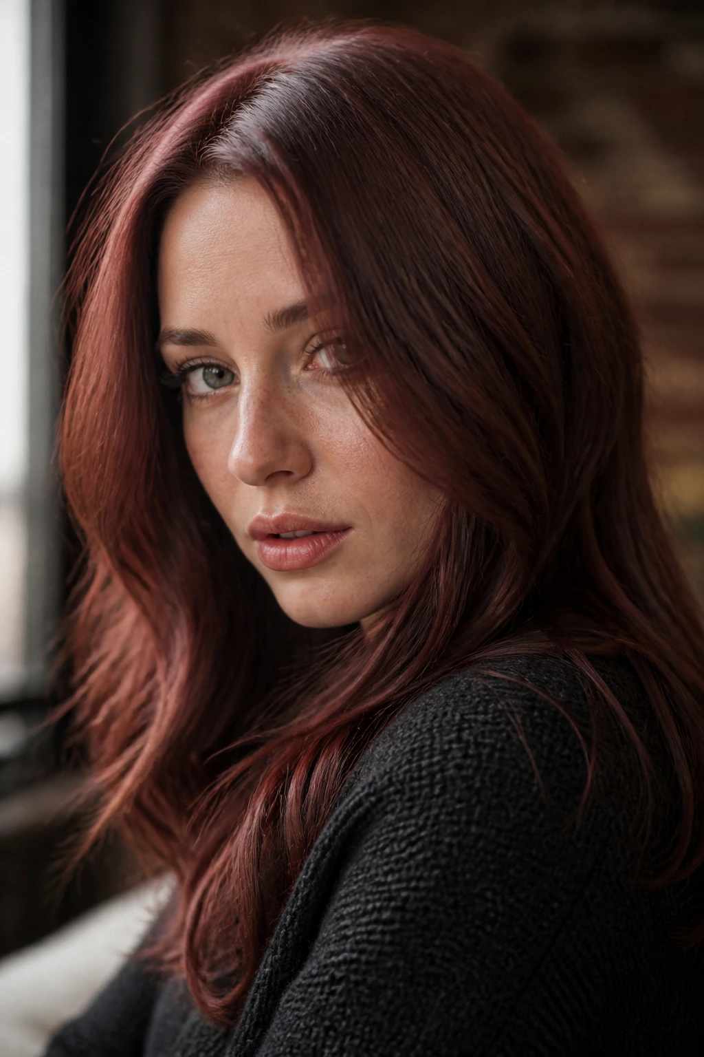 Close-up of real person with muted cranberry auburn hair in natural light