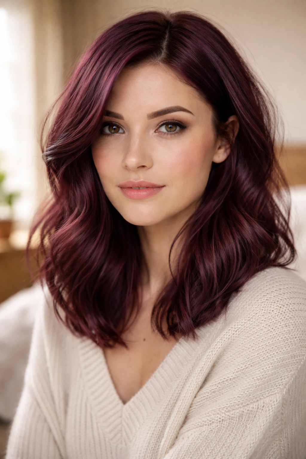 Close-up portrait of a real woman with muted cranberry blend hair in soft waves.