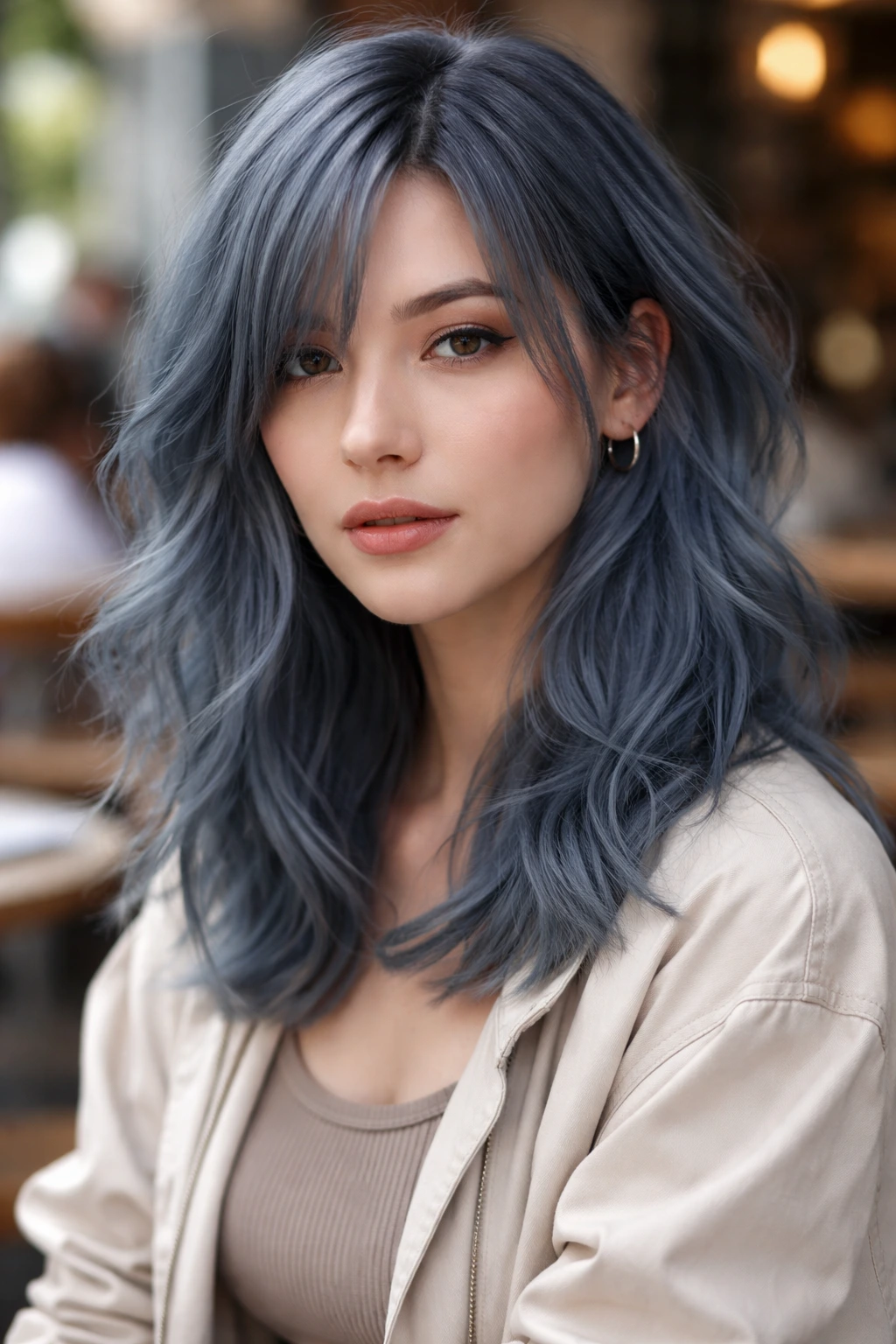 Close-up portrait of a real person with muted denim hair