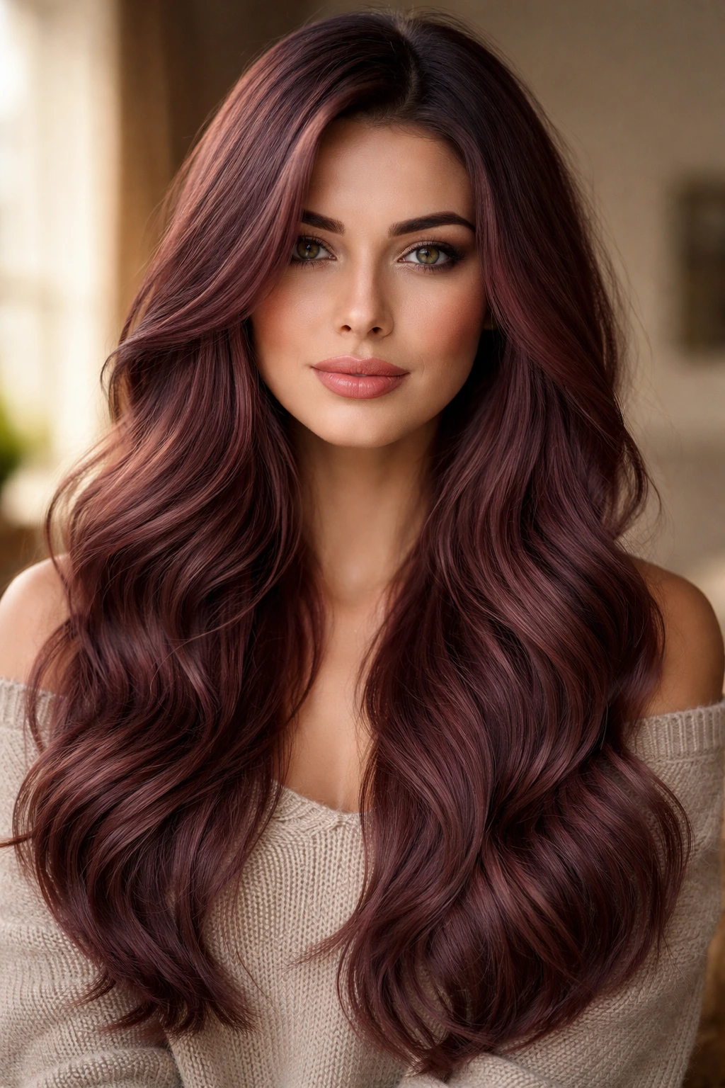 Close up of a real woman with long muted dusty burgundy hair in soft window light