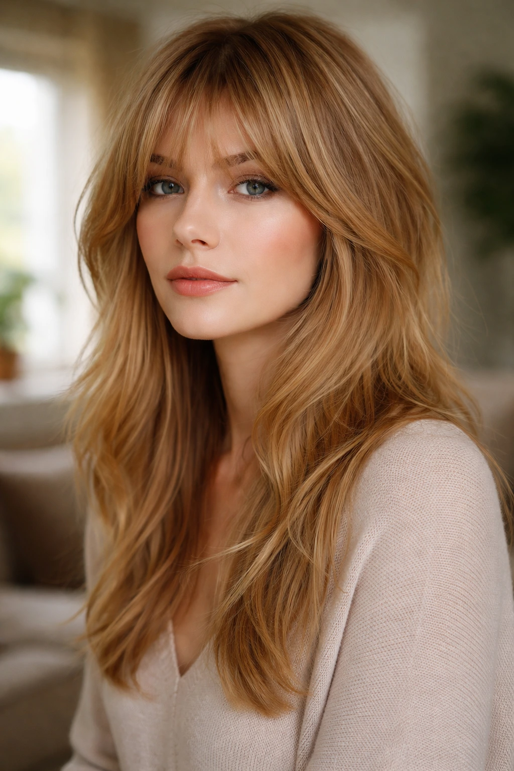 Portrait of a real person with muted ginger blonde long shag and soft fringe in natural daylight