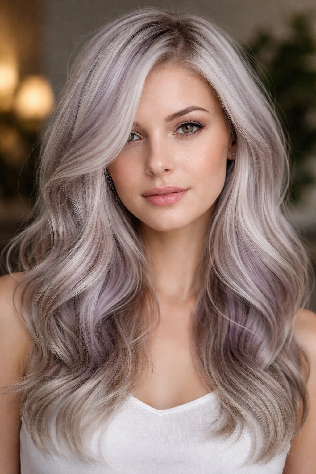 Real person with platinum base and lavender lowlights close-up