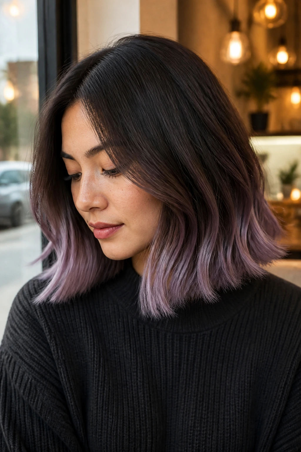 Close-up of a blunt lob with muted lavender tips near the ends