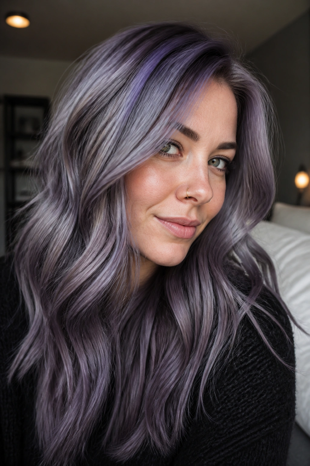 Close-up of a woman with muted lilac and charcoal lowlights for depth