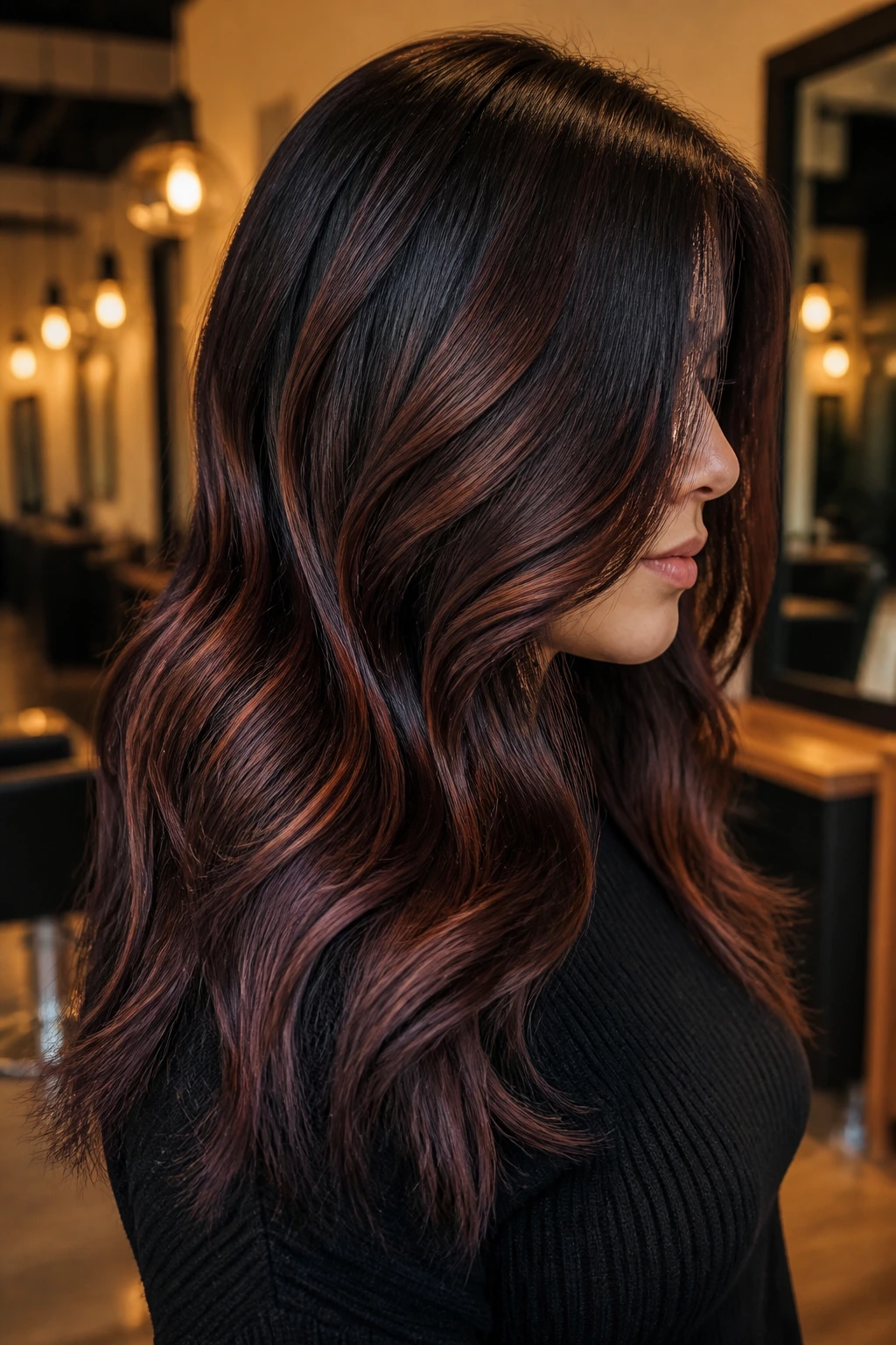 Side-profile portrait of a real woman with muted mahogany foilayage