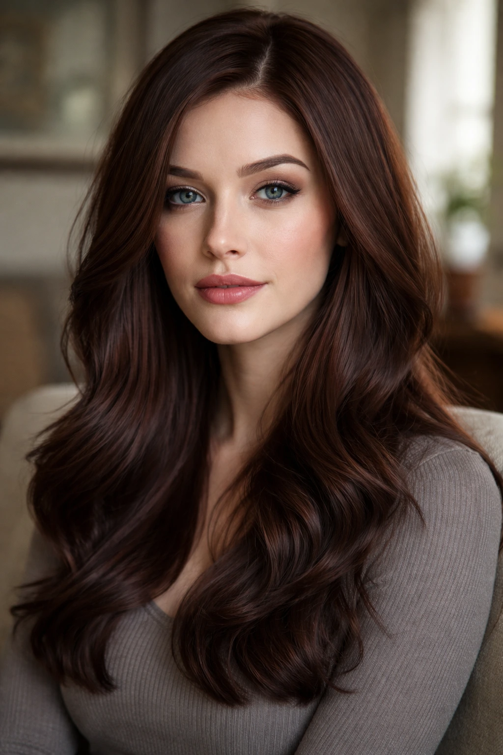 Close-up portrait of a real woman with muted mahogany hair in dusty brown-gray tones, natural window light.