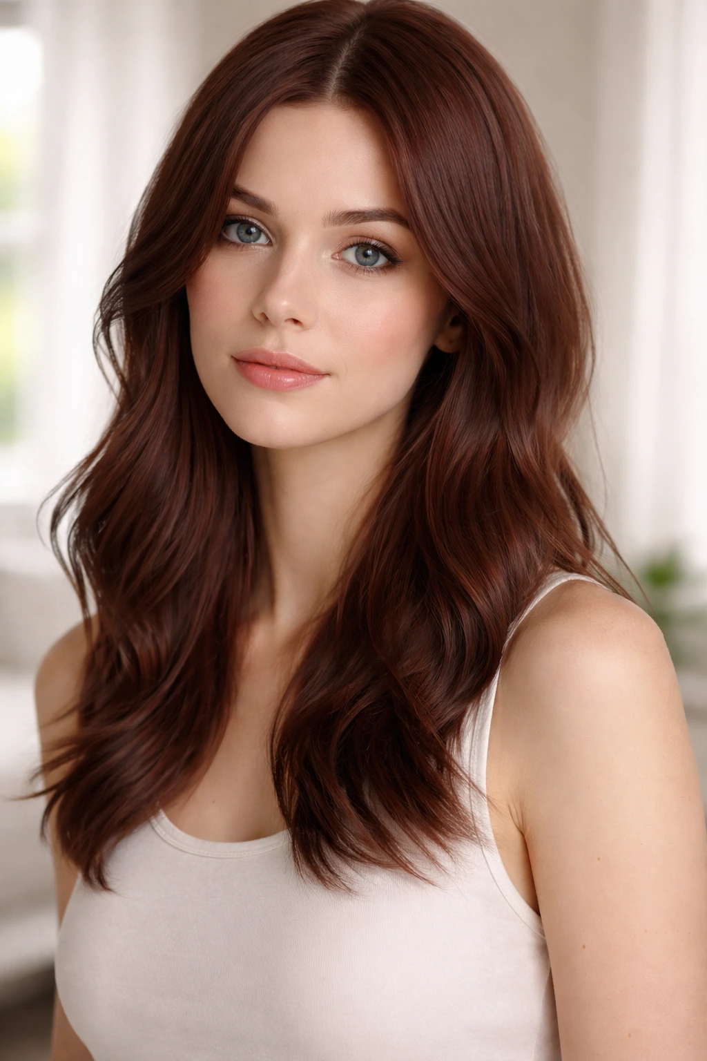 Close-up of a real woman with muted mahogany hair in a minimalist setting
