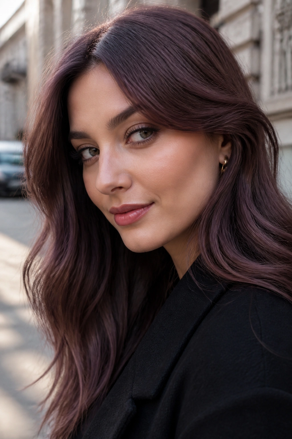 Close-up portrait of a person with muted mauve brunette hair on a city street