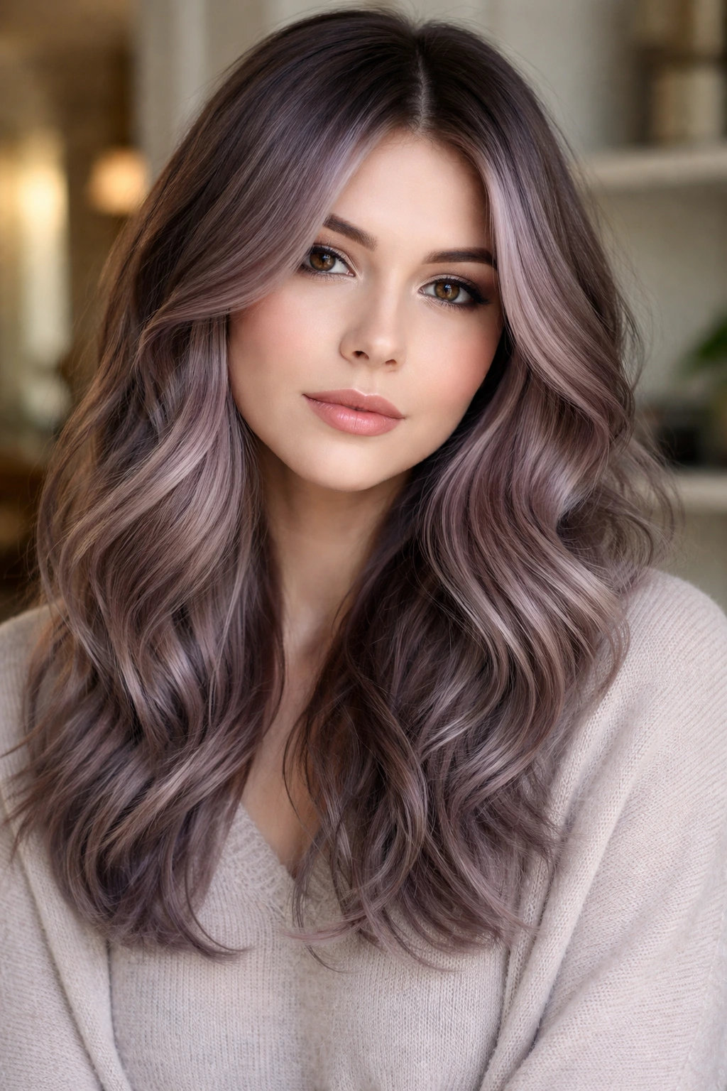 Close-up portrait of a real person with mauve-gray balayage hair.