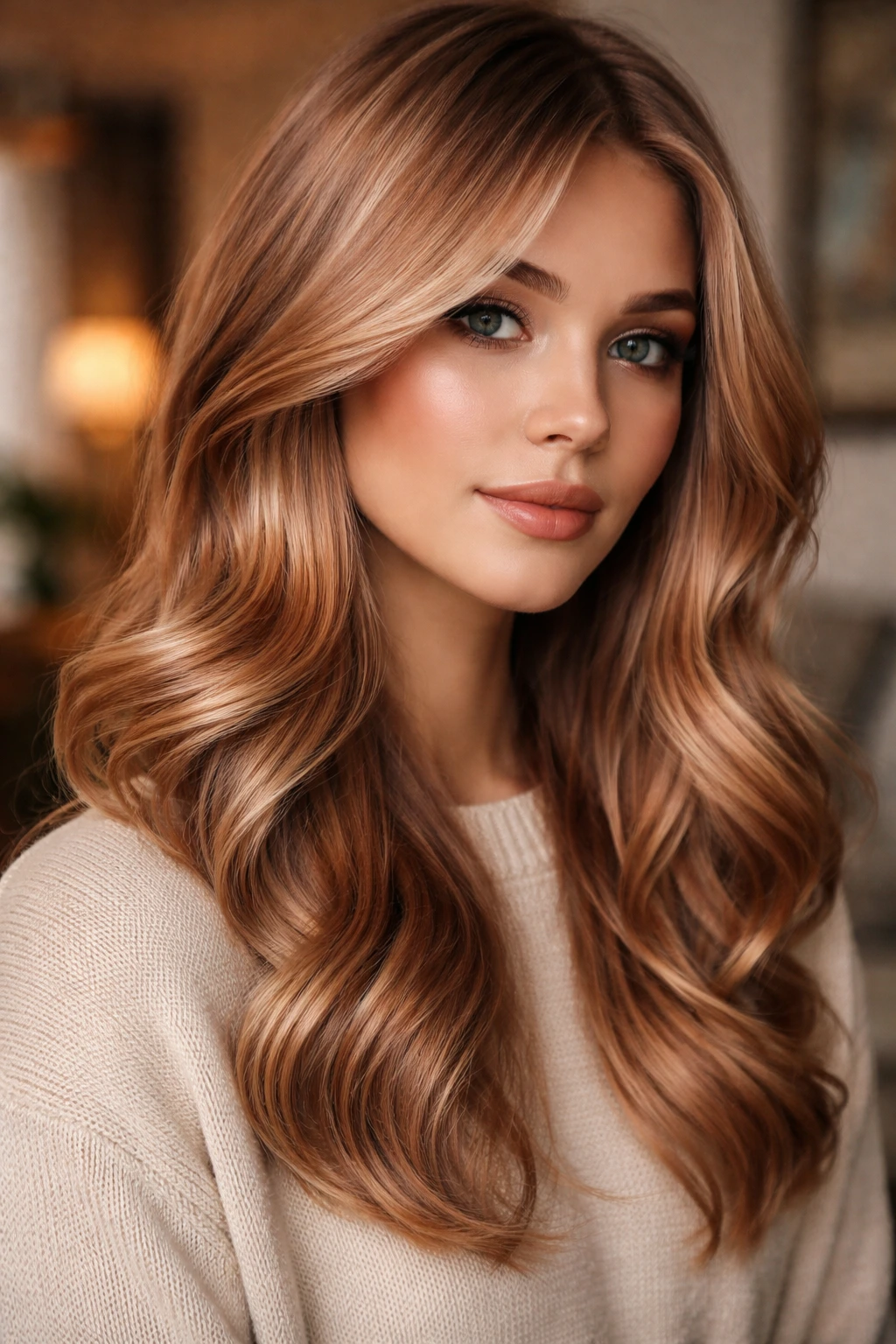 Close up of a real person with muted metallic copper hair against a warm indoor backdrop.