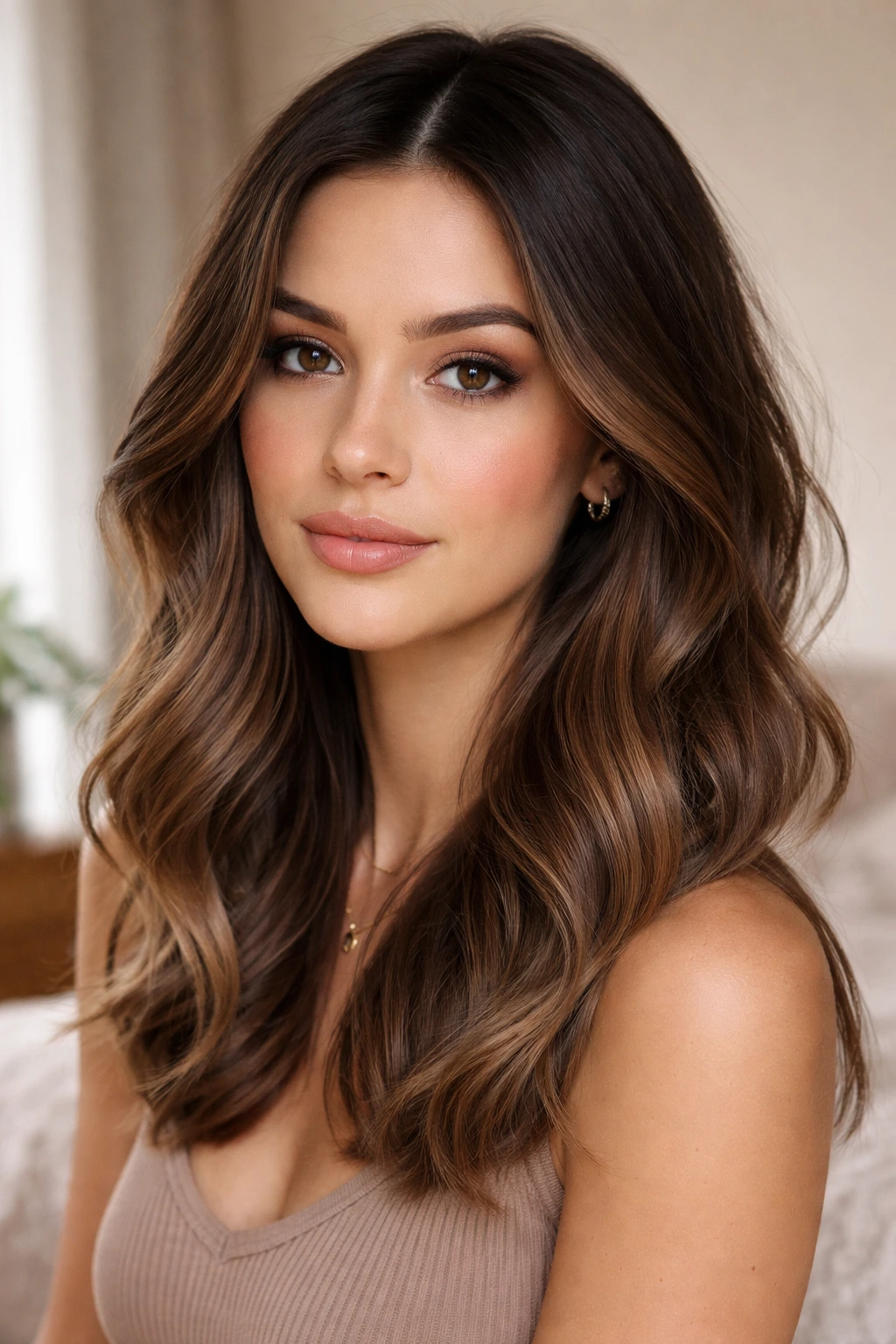 Close-up of brunette with muted mocha ombré gradient from dark roots to lighter ends.
