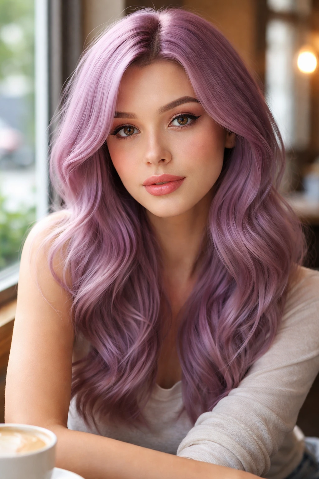 Close-up of a real person with muted orchid hair in a cafe setting.