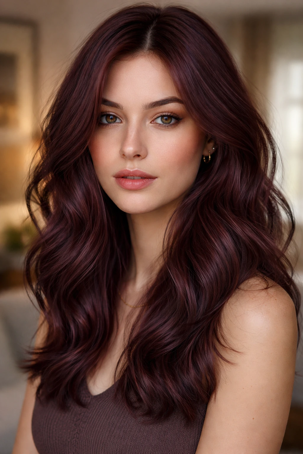 Close-up of a woman with muted plum red hair in a cozy living room