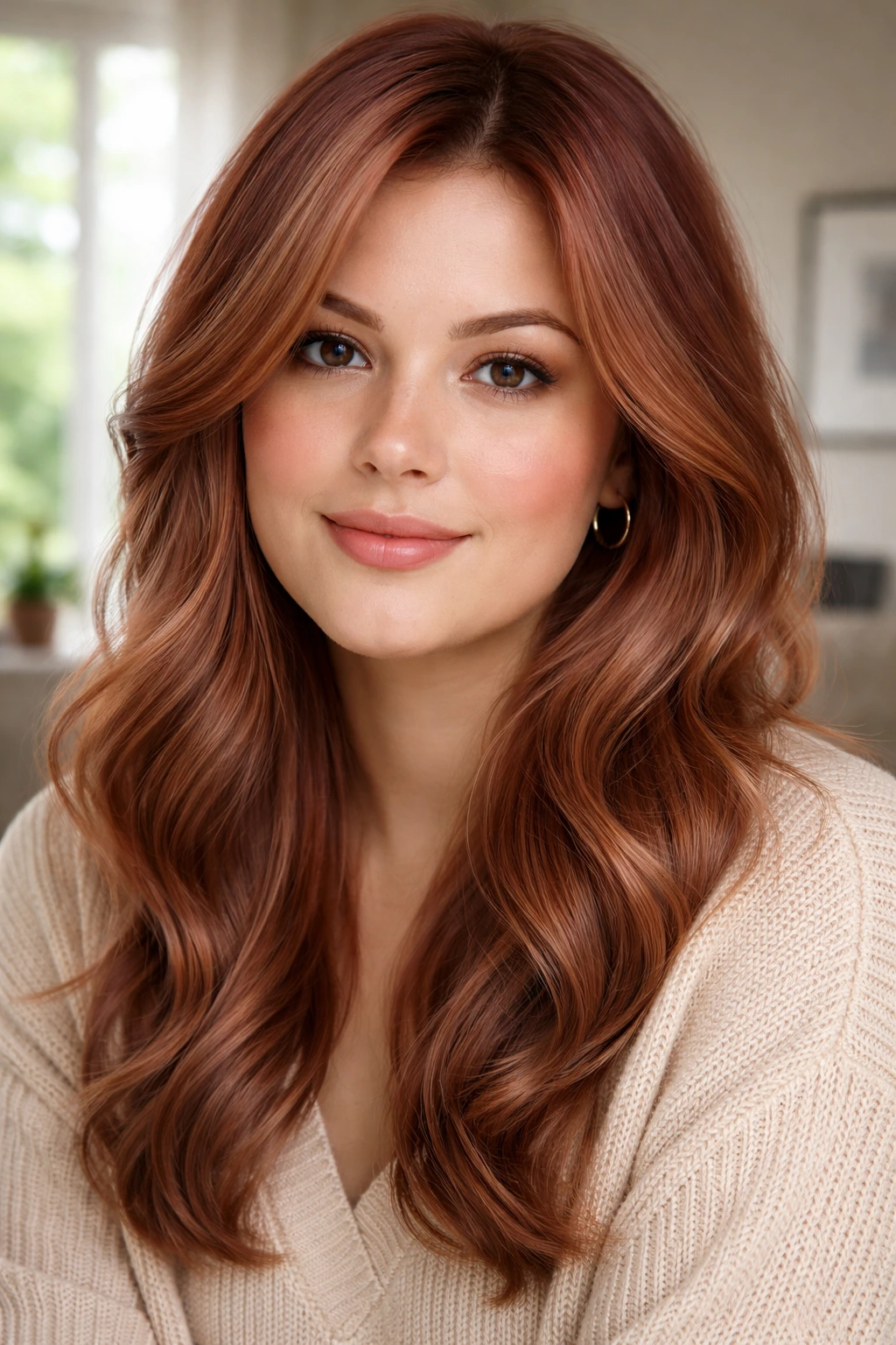 Real woman with muted rose-gold auburn hair in loose waves near a window.
