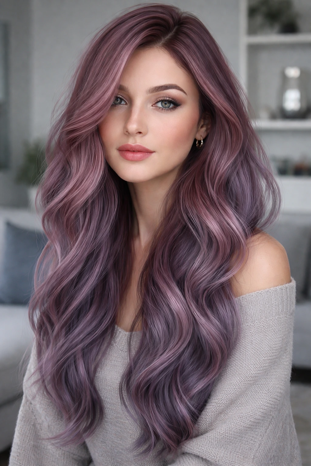 Close-up of a real person with muted rose and slate purple hair in a minimalist room