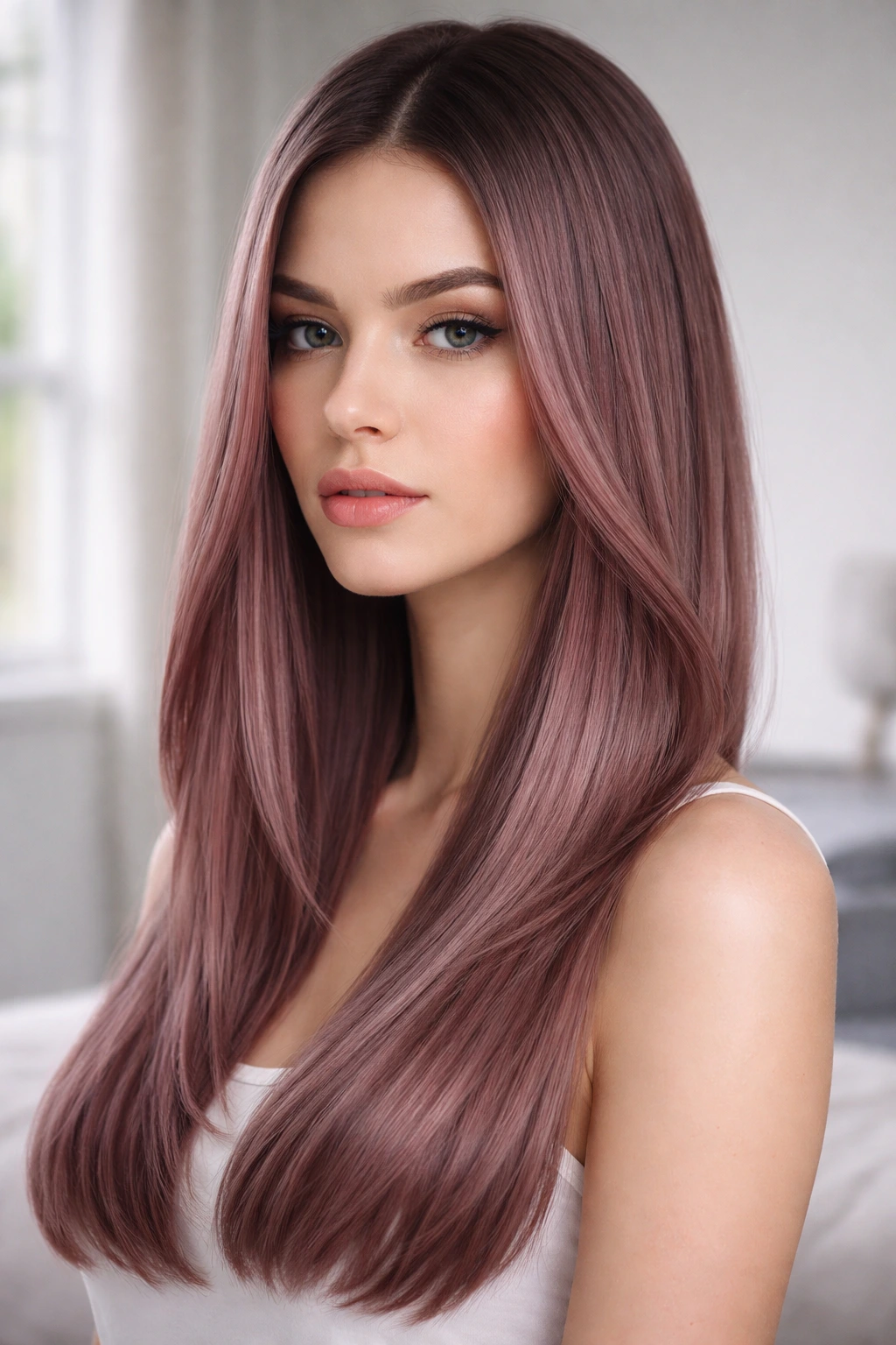 Close-up of Muted Rosewood hair with ash base and dusty pink tones on a real person