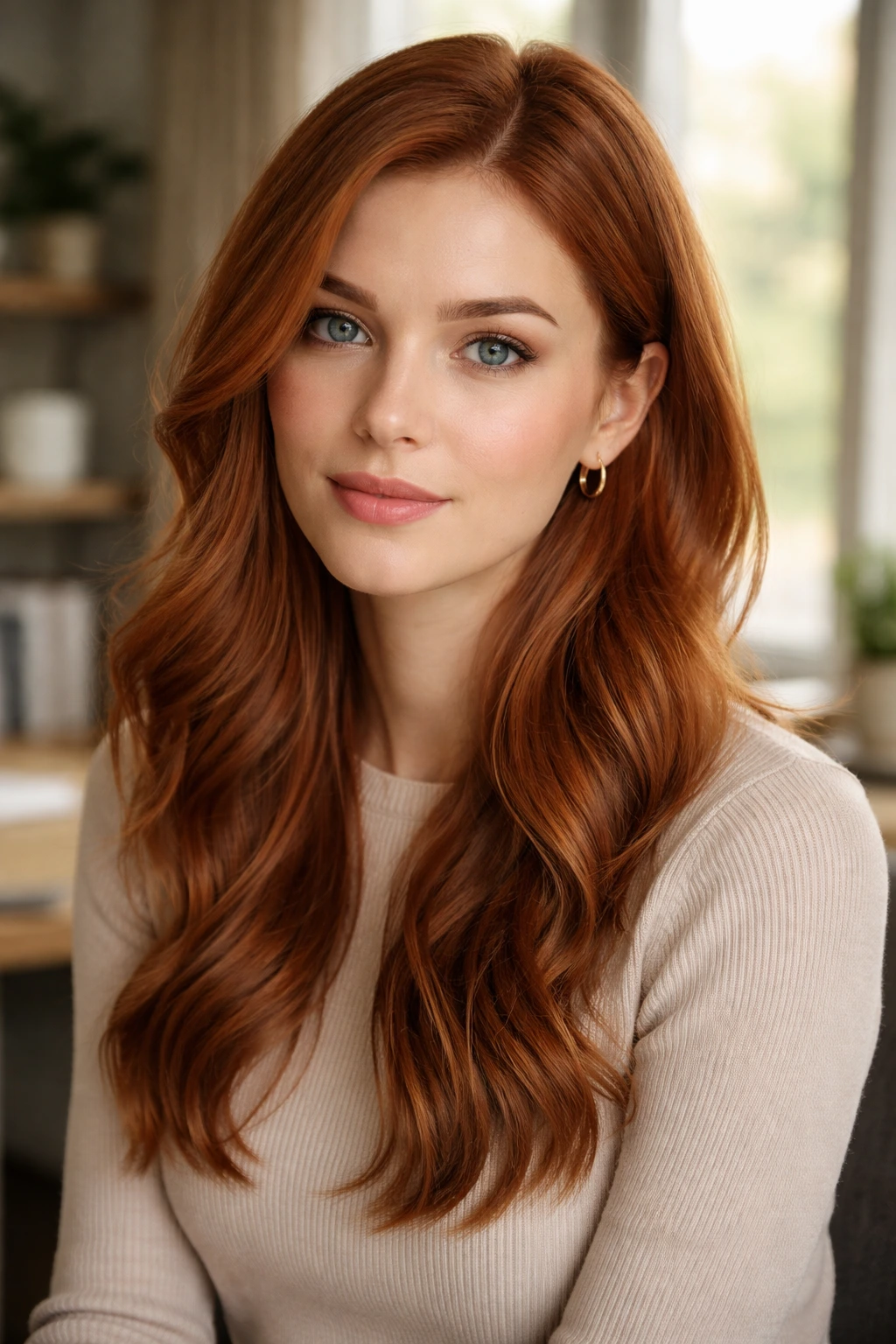 Close-up portrait of a woman with muted terracotta hair in a home office.