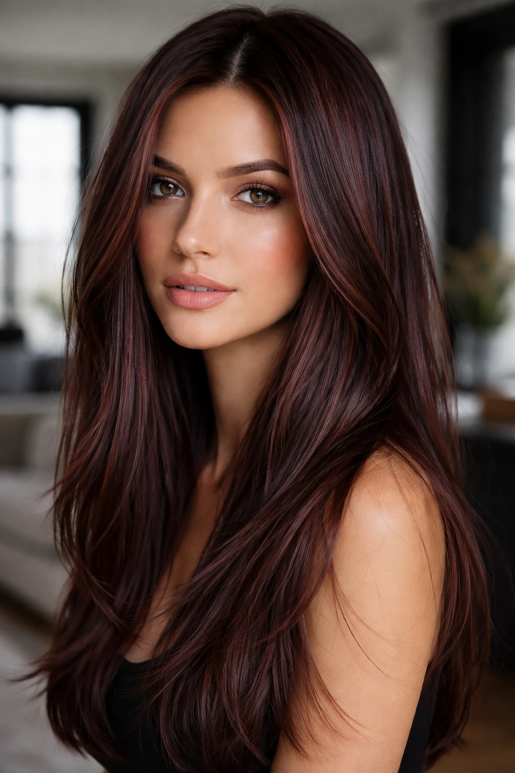 Close-up of a real woman's head with muted wine highlights on medium brown hair