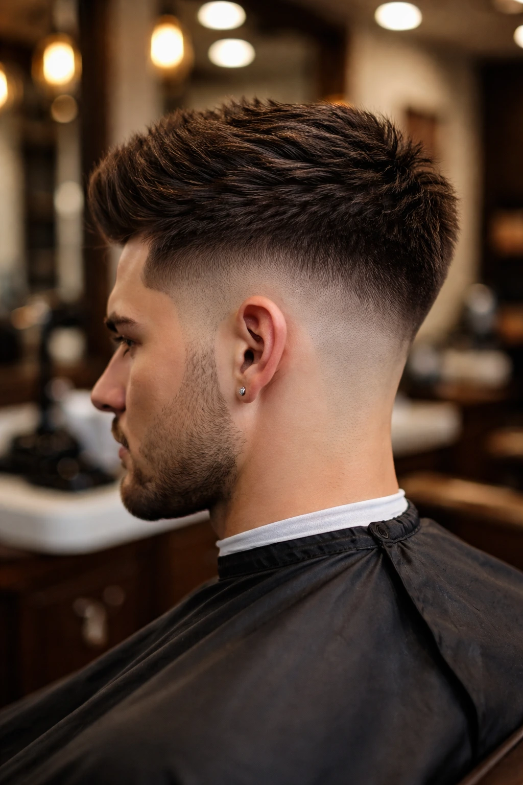 Side profile of a real man with a short tapered stack and nape fade in barber shop