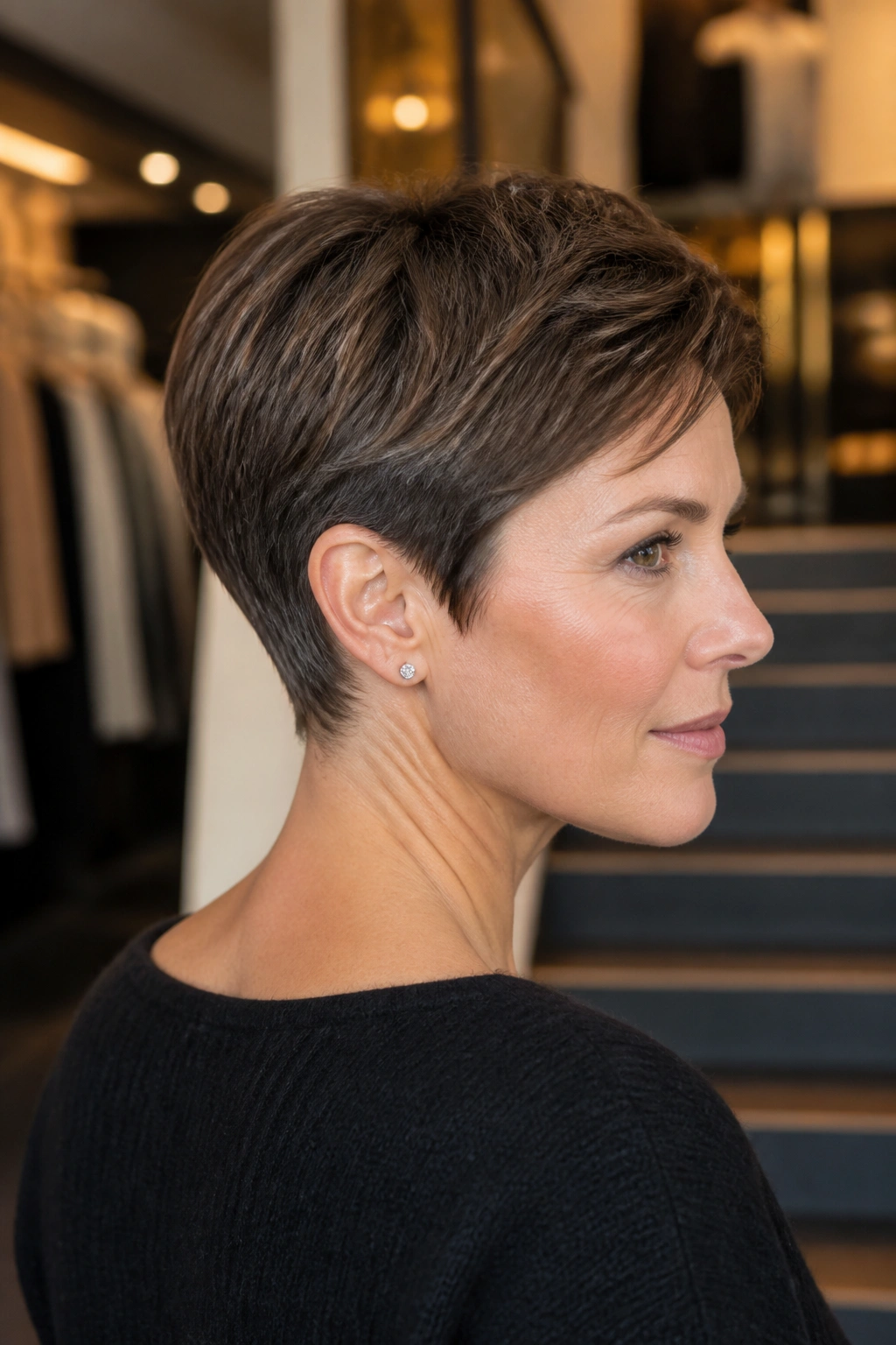 Close-up of a real woman with a nape-grazing tapered pixie showing a tidy neckline