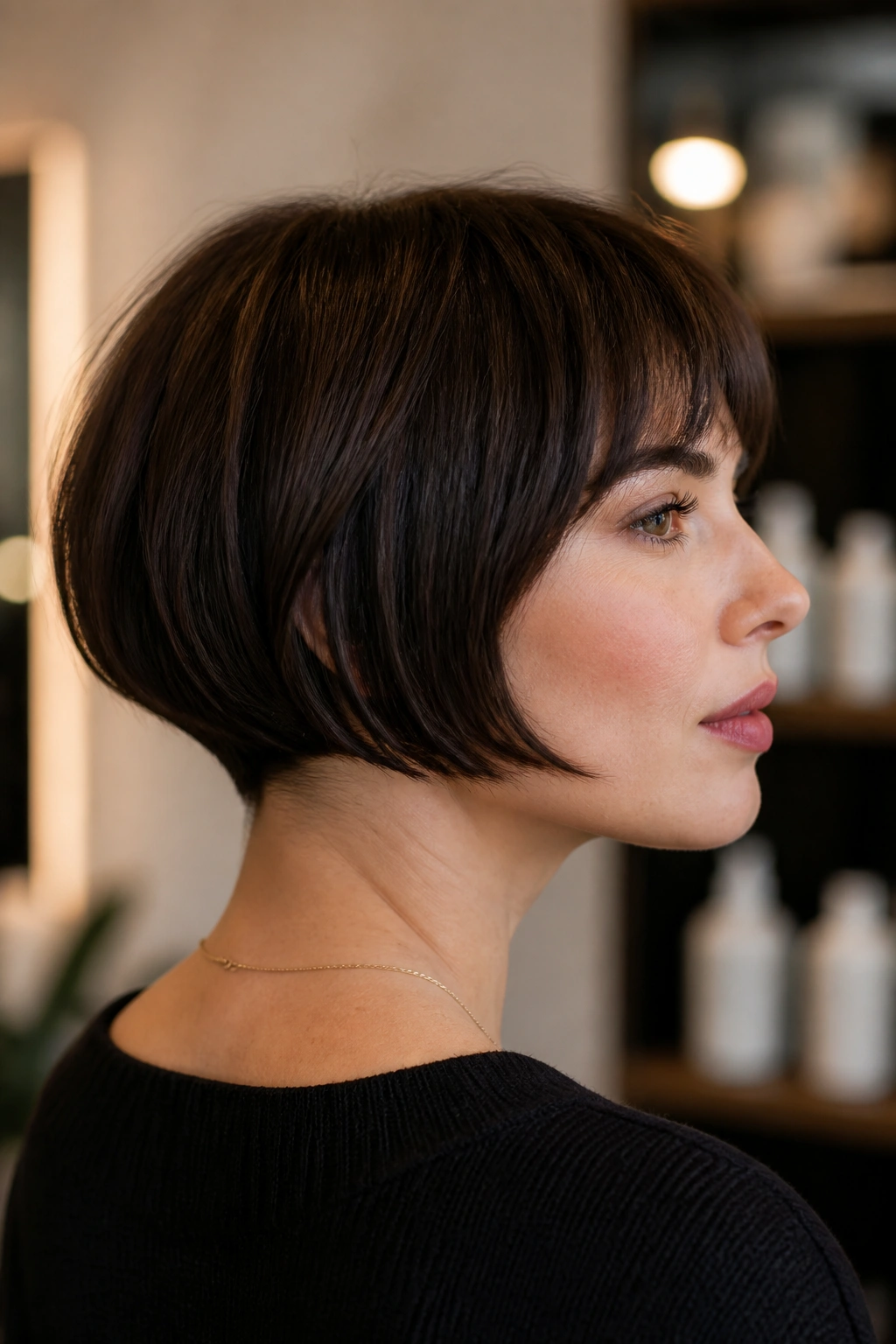 Close-up portrait of a real woman with a nape-hugging French bob, neck-length back and longer front pieces.