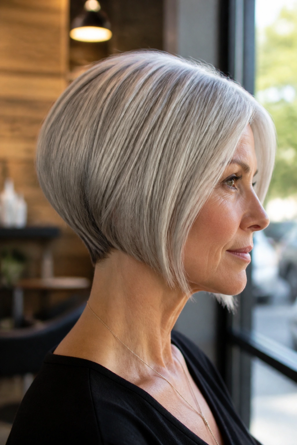 Close-up of a real woman with a silver nape-hugging inverted bob in a salon setting