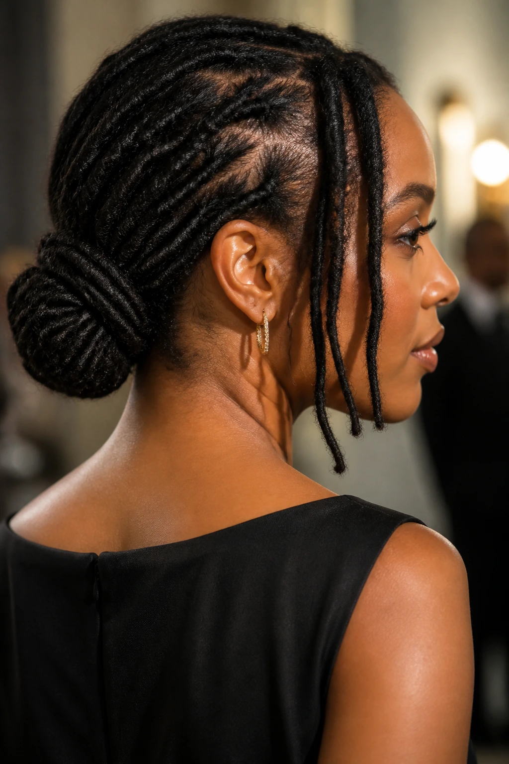 Back-and-side portrait of a real person with a low nape knot and loose front locs.