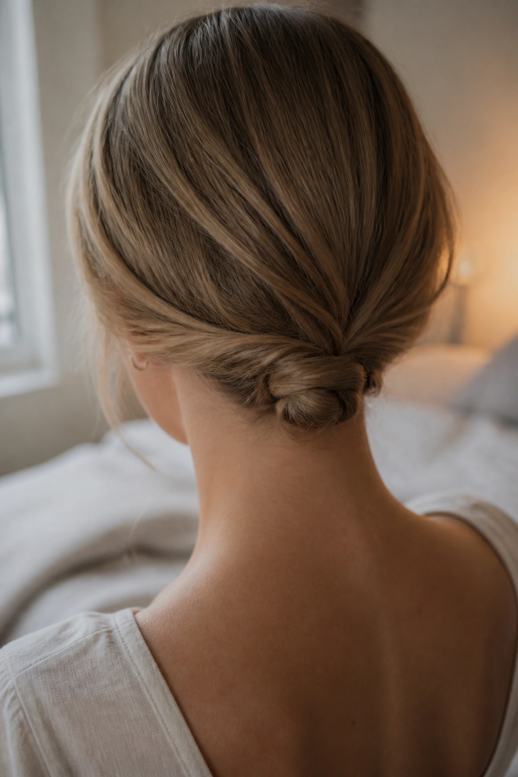 Close-up of a woman's nape with a tiny knot hairstyle