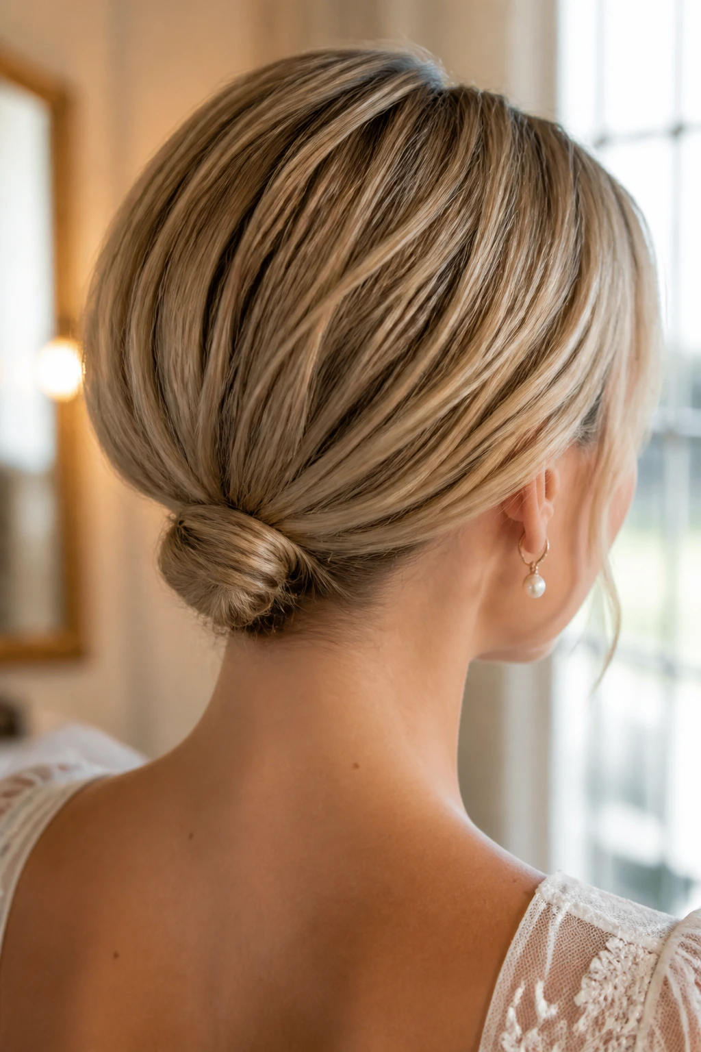 Close-up of a real bride with a tiny nape knot on short hair in warm window light