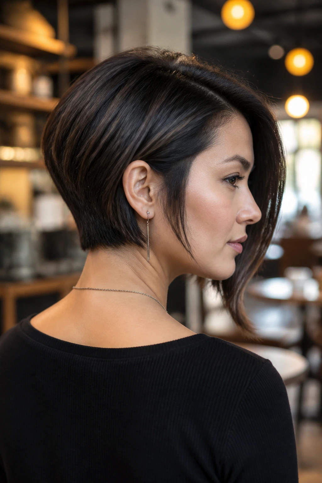 Close-up of a real person with a nape-length asymmetrical cut and longer front side
