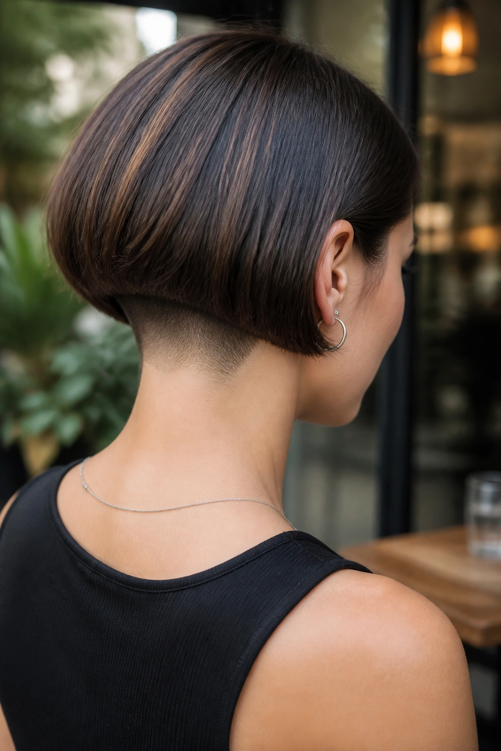 Rear three-quarter portrait of a bob with shaved nape