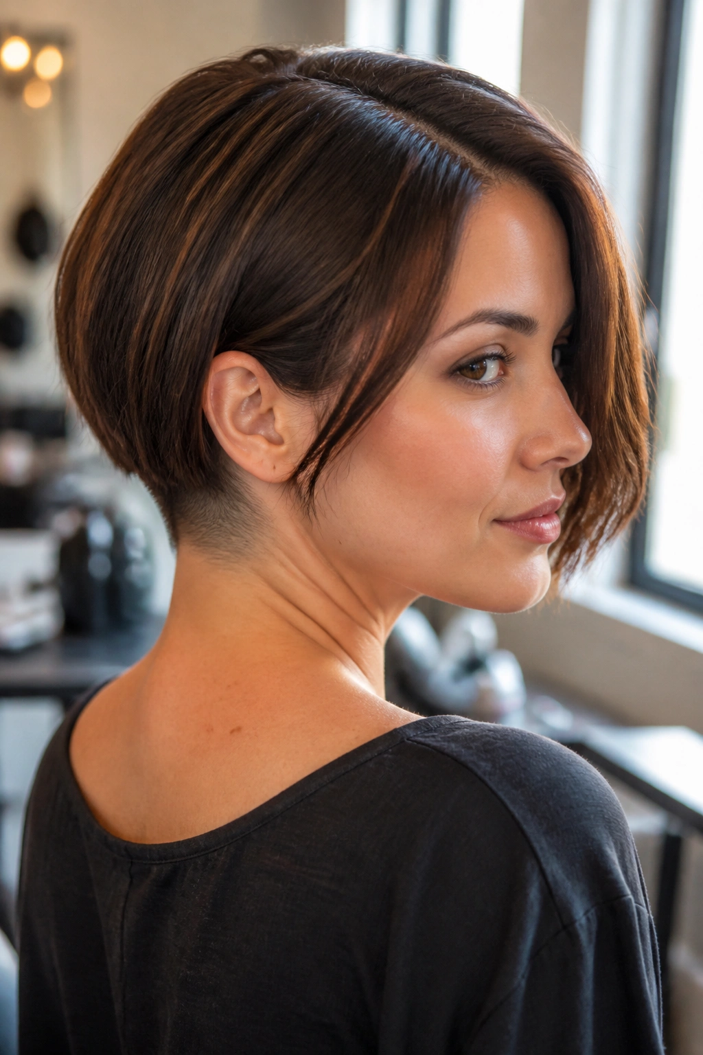 Close-up of a real woman with hidden shaved nape under a bob.