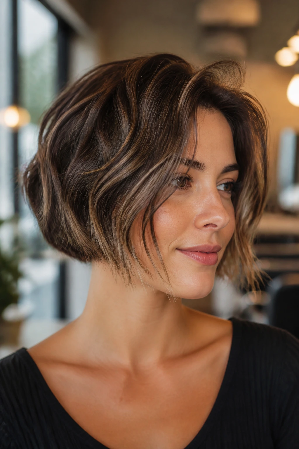 Real woman with nape-short bob and face-framing fronts in warm salon light