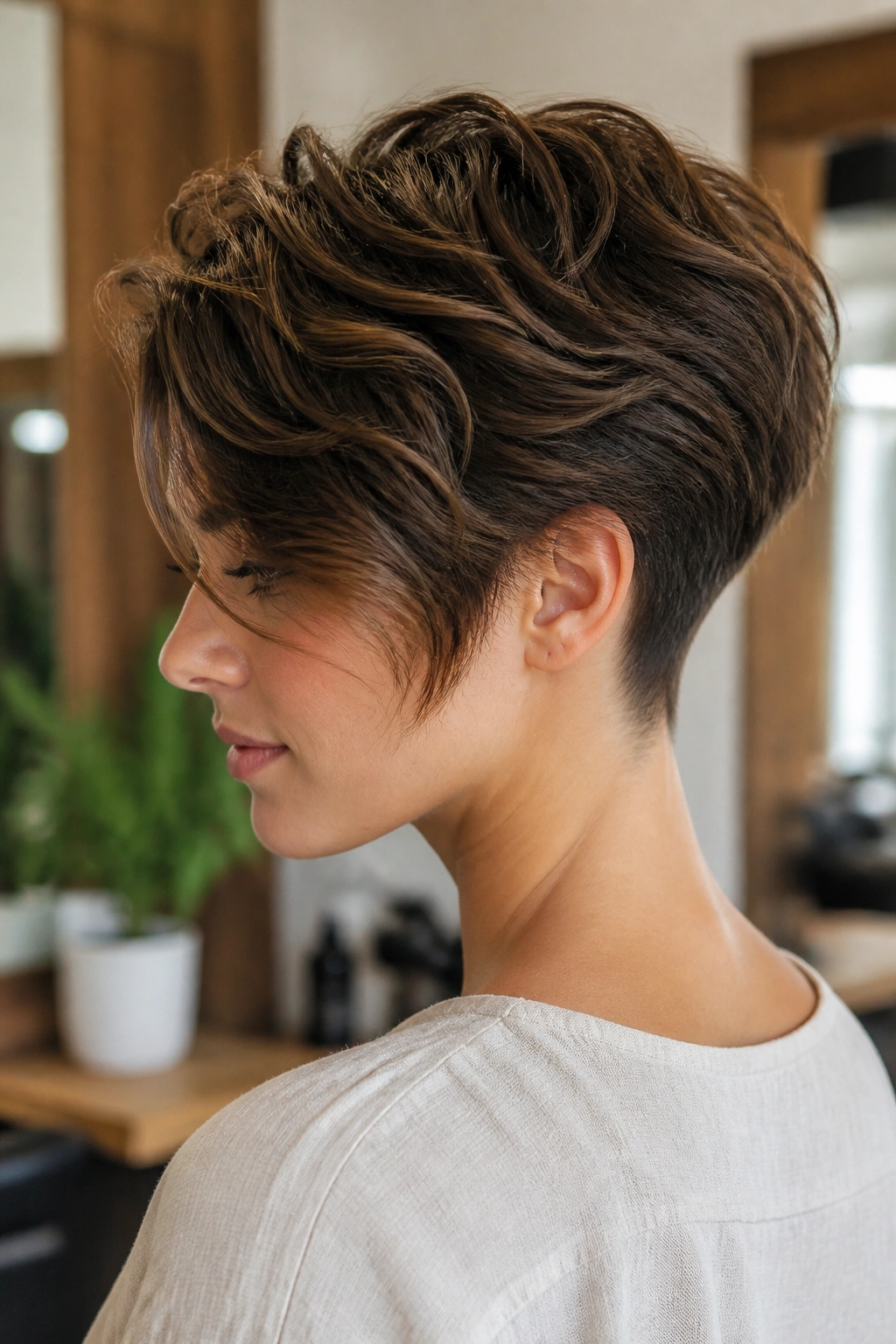 Close-up of a real person with a nape-short cut and longer top sweep, highlighting wavy hair