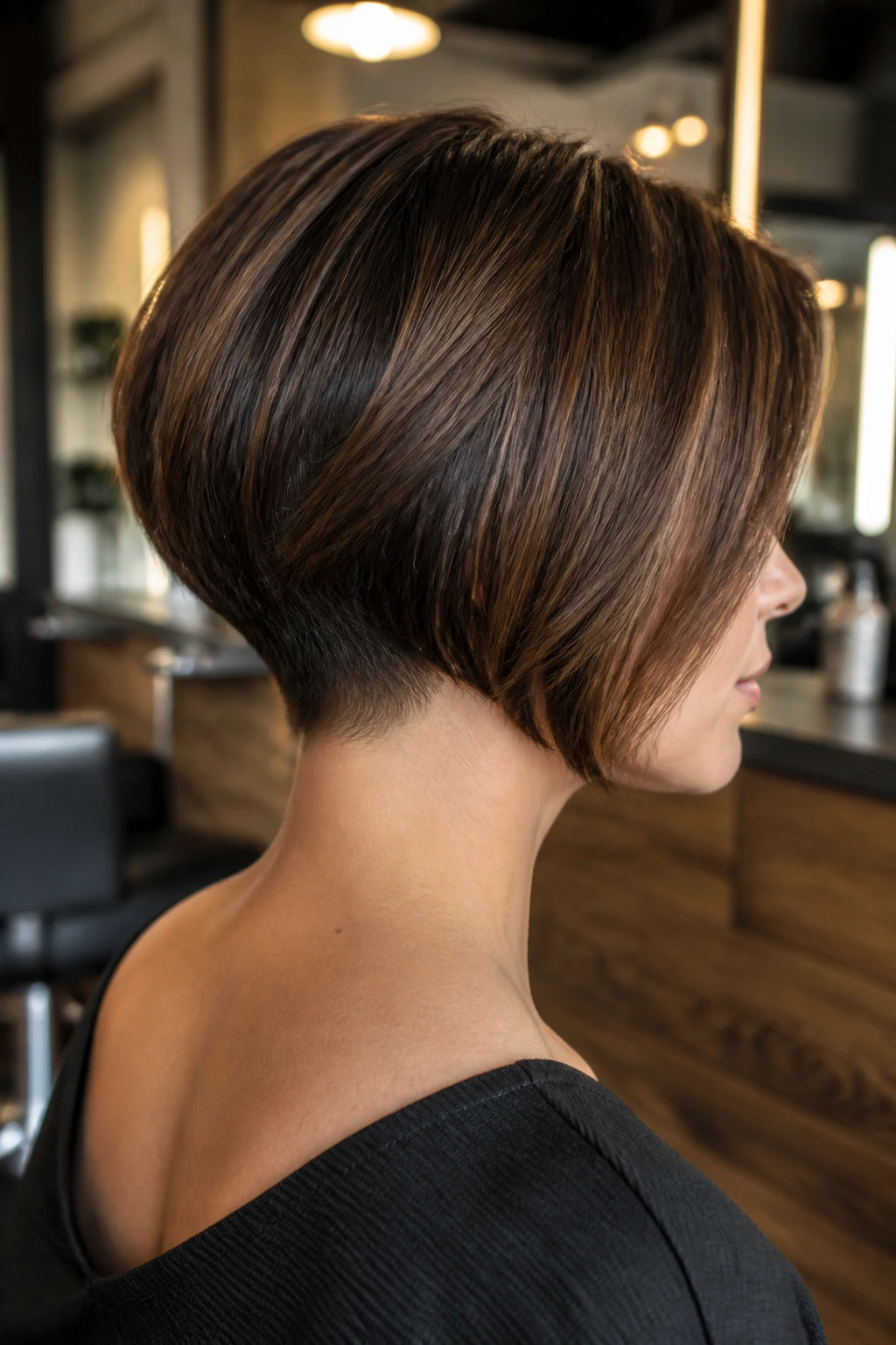 Close-up of a real woman with a nape-short undercut hidden under the top layers