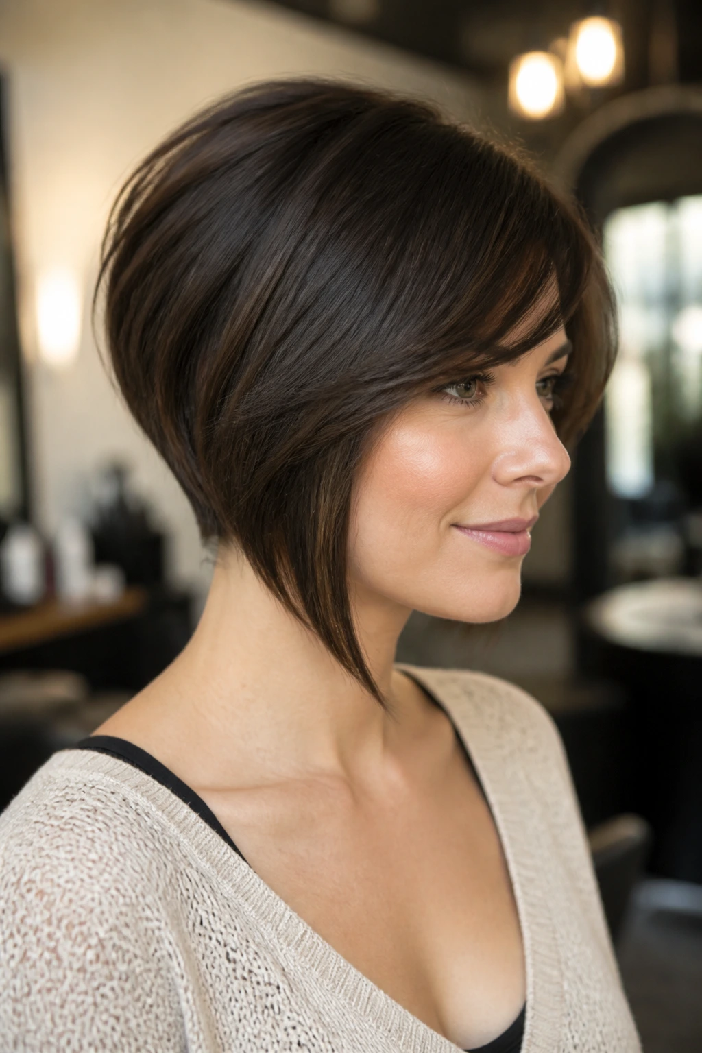 Close-up of a real woman with a nape-stacked bob and side-swept fringe