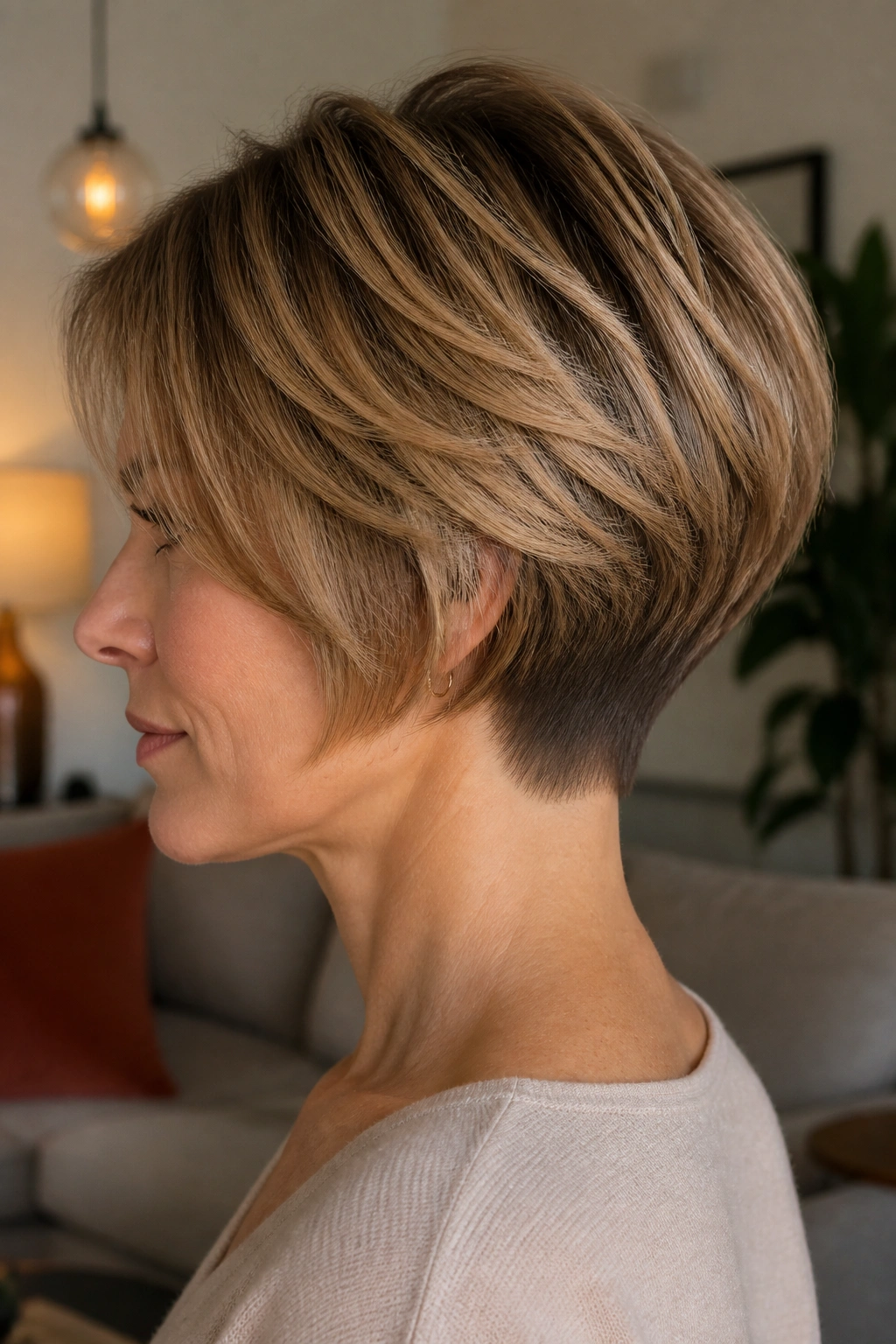Side-profile real woman with nape-taper feathered bob showing neck silhouette